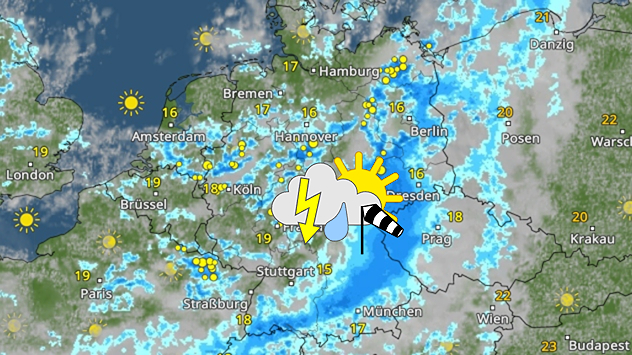 WetterRadar-Vorhersage: Am Mittwoch gibt es kräftige Schauer und Gewitter.