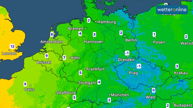 Temperaturkarte Deutschlands mit Werten um den Gefrierpunkt, im Osten leichter Frost.