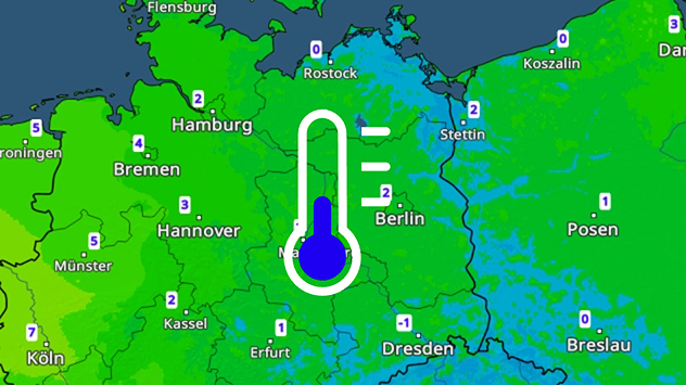 Temperaturkarte Deutschlands mit Werten um den Gefrierpunkt, im Osten leichter Frost.