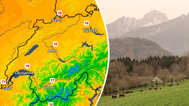 Temperaturkarte der Schweiz mit Höchstwerten um 16 bis 18 Grad. Daneben Landschaft mit Wiesen und Alpen im Dunst. Saharastaub sorgt für eingetrübte Sicht.