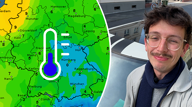 Geteiltes Bild mit einer Wetterkarte Deutschlands, die niedrige Temperaturen und ein blaues Thermometer-Symbol zeigt, sowie einem jungen Mann mit Brille und Schnurrbart neben einem Auto.