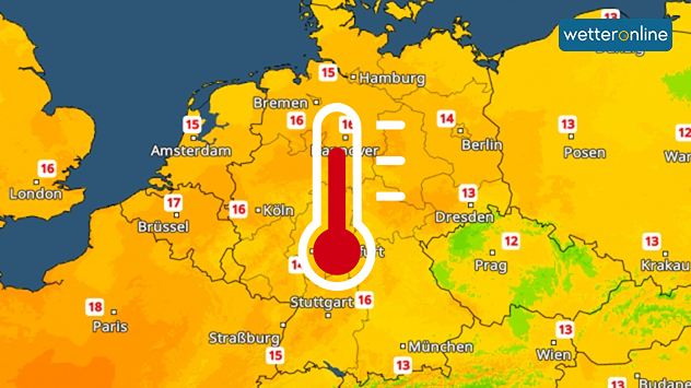 Wetterkarte mit mildem Herbstwetter und Thermometersymbol über Deutschland.