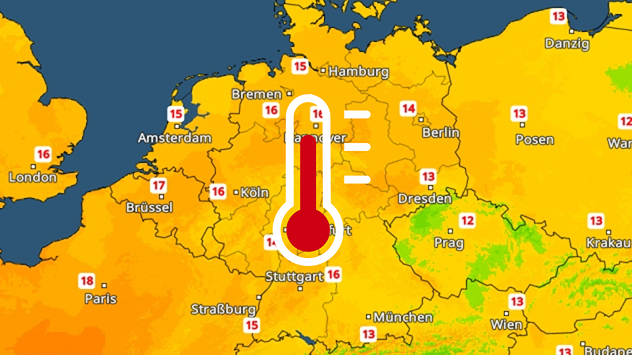 Wetterkarte mit mildem Herbstwetter und Thermometersymbol über Deutschland.