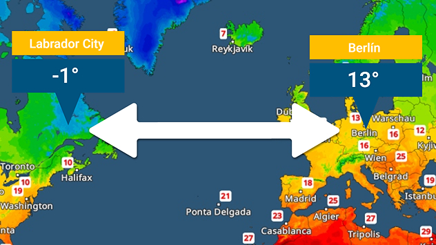 Mapa que muestra las diferencias de temperatura entre ambos lados del Atlántico.