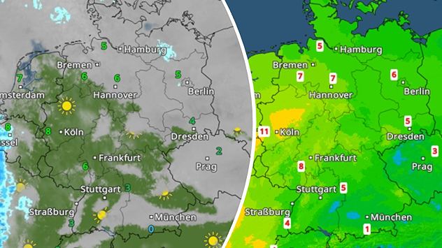 Geteilte Wetterkarte von Deutschland mit Bewölkung links und Temperaturkarte rechts.