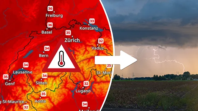 Links: Temperaturkarte Schweiz zeigt 30 bis 36 Grad an; Rechts: Gewitter über einem Feld mit Blitz
