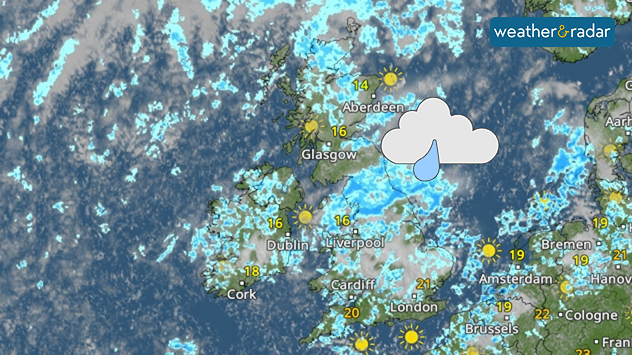 Weather radar map of the UK and Ireland showing widespread showers and rain, especially across England, with brighter spells in Scotland and southern England.