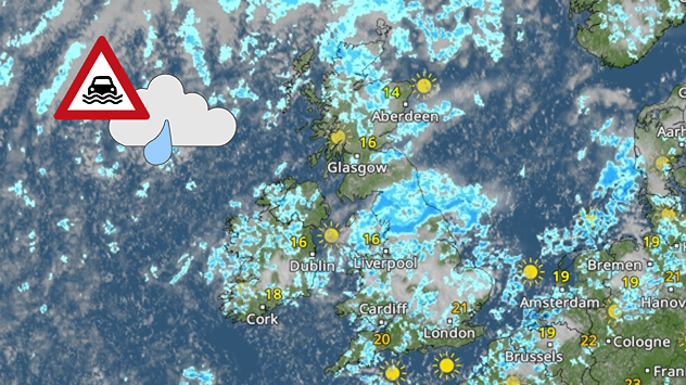 Weather radar map of the UK and Ireland showing widespread showers, with a rain icon and flood warning symbol highlighting the risk from rainfall.