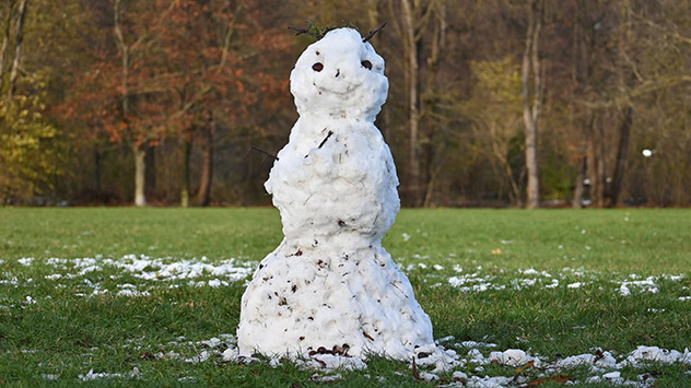 Ein Schneemann steht auf einer grünen Wiese.