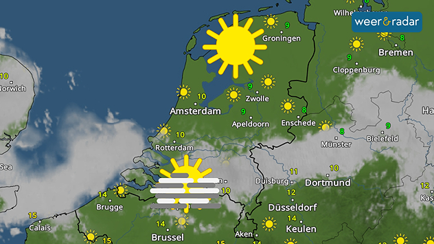 De WeerRadar toont zon in het noorden en midden van het land, in het zuiden vooral mist en lage bewolking. Beide symbolen daarvan staan ingetekend.