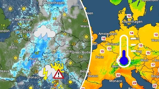 Wetterkarten zeigen einen Temperatursturz in Mitteleuropa mit Regen und Gewittern.
