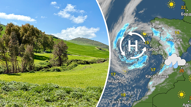 Зелений пейзаж Марокко поруч із картою погоди, на якій зображено циклон над Атлантичним океаном.