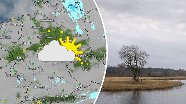 Links: WetterRadar-Karte vom 11. Dezember zeigt viele Wolken, etwas Sonne in der Mitte und Regen im Nordwesten – Symbole verdeutlichen das wechselhafte Wetter. Rechts: Trüber Wintertag an einem See mit kahlem Baum – grau, ruhig und nasskalte Stimmung.
