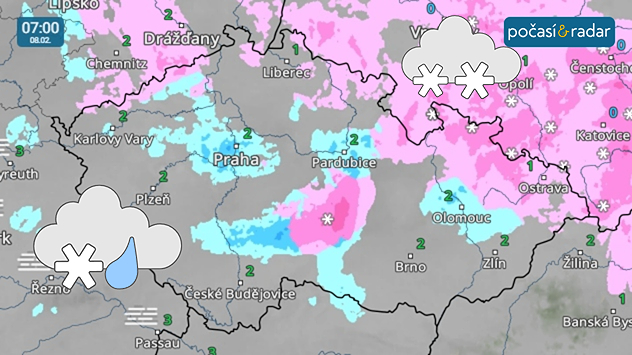 Meteoradar, screenshot, 8. 2. 7:00: Během noci na neděli a během nedělního dne se nad Českem budou prohánět slabé přeháňky, které budou s příchodem chladnějšího vzduchu postupně sněhové od středních poloch (na severovýchodě území přechodně i níže).