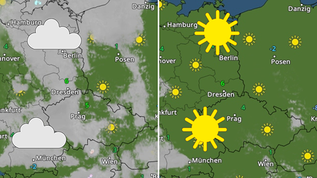 Wetterkarte mit Vergleich von heute und morgen. Heute viele Wolken und Hochnebel, morgen sonnig. Großflächige Auflockerungen am Folgetag.