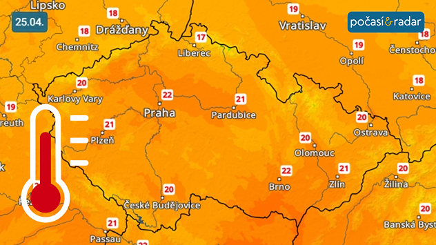 Předpověď maximálních denních teplot v Česku na sobotu 25. 4.: Sobota přinese do Česka poměrně vysoké odpolední teploty kolem 20 °C.