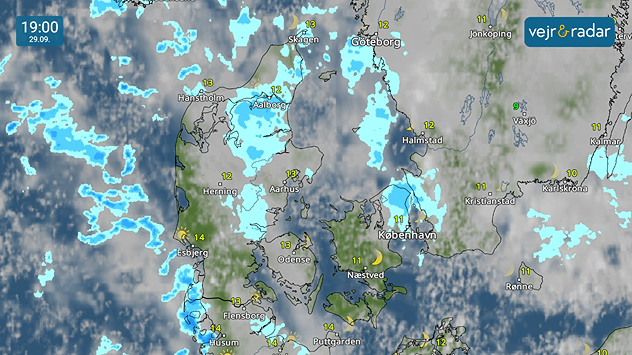 Vejrkort med regn og byger over Danmark mandag den 29. september.