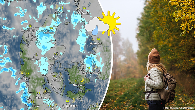 Vejrkort med regn og byger over Danmark, ved siden af person på efterårstur i naturen.