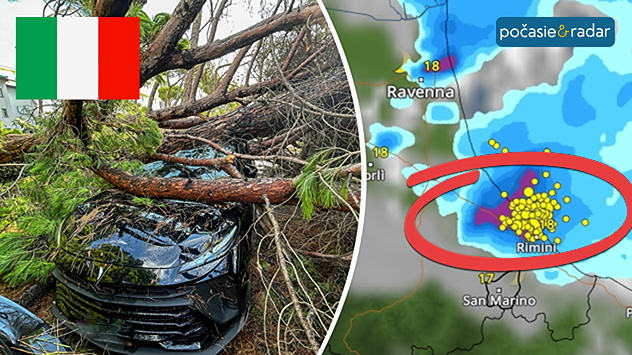 Kombinácia fotografie škôd spôsobených búrkou a meteorologického radaru s oblasťou nepriaznivého počasia v okolí Rimini.