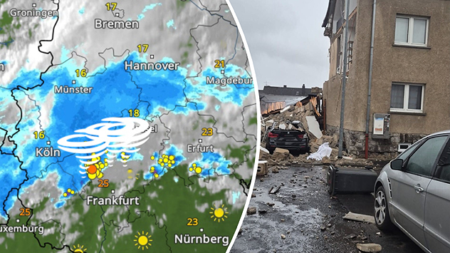 Split image: Weather map showing thunderstorms and a tornado symbol over western Germany. On the right, severe damage to buildings and rubble on a road can be seen.