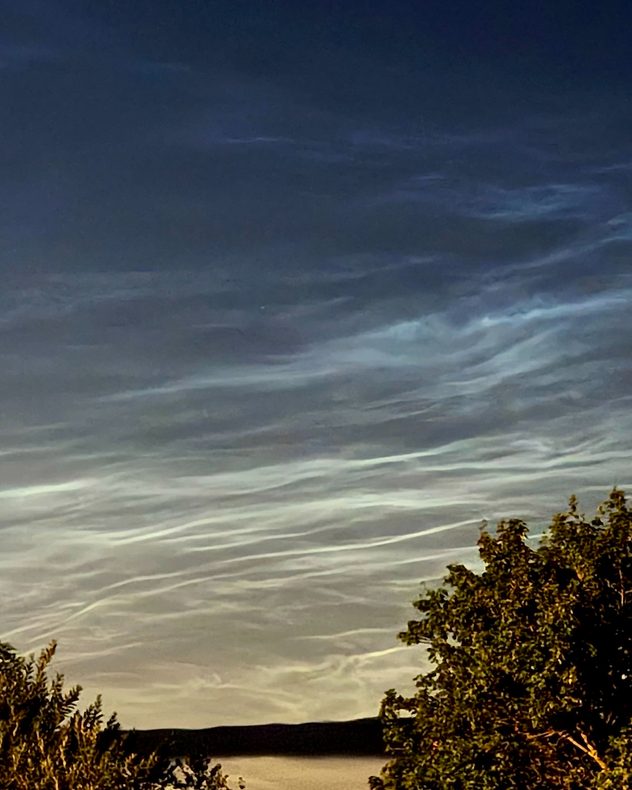 Electric-blue noctilucent clouds rippling across a dark twilight sky above silhouetted trees and a distant horizon, with delicate wave-like bands glowing after sunset.