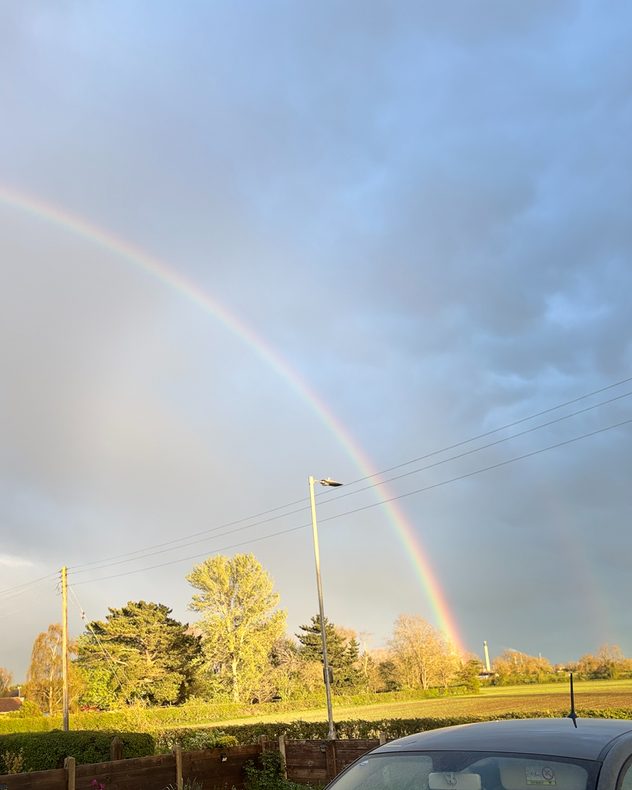 Bright rainbow arching across a stormy sky above sunlit trees and fields, with dark rain clouds, a streetlight, power lines, and part of a parked car in the foreground.