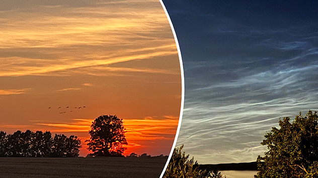 Split image showing a golden-orange countryside sunset with silhouetted trees and birds on the left, and glowing blue-white noctilucent clouds rippling across the twilight sky above trees and a lake on the right.