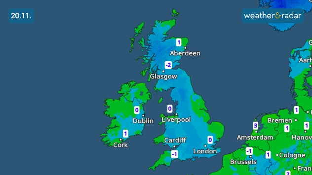 Temperature map of the UK and Ireland dated 20 November, showing widespread cold conditions. Most areas display values around 0°C, with Glasgow at -2°C, Cardiff, and Aberdeen at 1°C. The map is shaded blue across the UK and Ireland, indicating low temperatures.