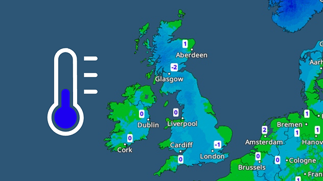 Temperature map of the UK and Ireland showing widespread cold conditions, with blue shading across most regions. Readings include -2°C in Glasgow, -1°C in London and Cardiff, and 0°C in Dublin, Liverpool, and Aberdeen. A blue thermometer icon on the left indicates cold weather.