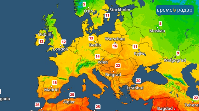 Карта на Европа с температури от 9 до 25 градуса, топло на юг, хладно на север.