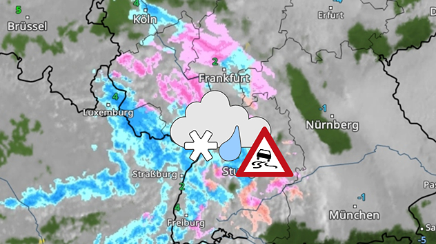 Wetterkarte mit Eisregen- und Schneefeldern über Südwestdeutschland. Glättewarnung im Fokus.