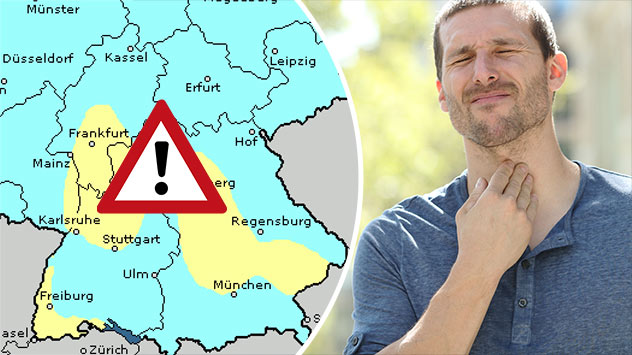 Karte zeigt erhöhte Ozonbelastung in Teilen Deutschlands - Mann fasst sich an Hals