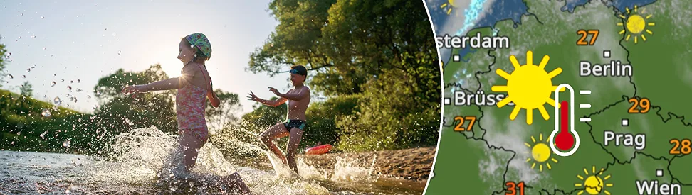 Kinder planschen im Wasser, daneben zeigt eine Wetterkarte sonniges Sommerwetter mit 25 bis 31 Grad in Deutschland.