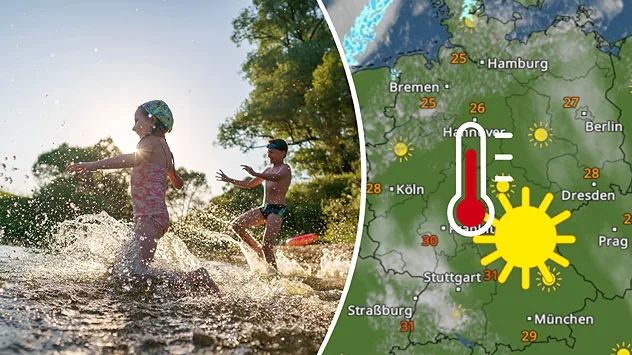 Kinder planschen im Wasser, daneben zeigt eine Wetterkarte sonniges Sommerwetter mit 25 bis 31 Grad in Deutschland.