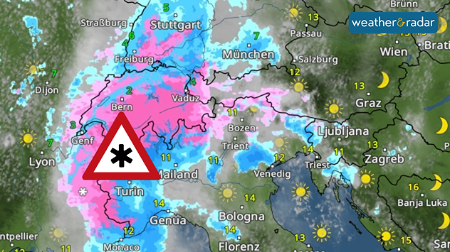 Weather map of the Alps with radar image. Above Switzerland and northern Italy, a symbol indicates snowfall in a large precipitation area over the western Alps.