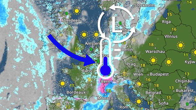 Weather map of the Alps with radar image. Above Switzerland and northern Italy, a symbol indicates snowfall in a large precipitation area over the western Alps.