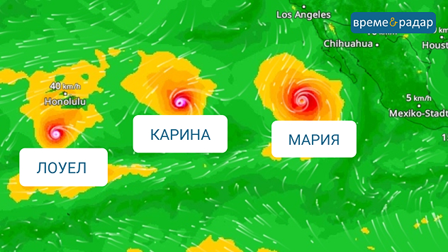 Карта на вятъра за петък с трите урагана „Лоуел“, „Карина“ и „Мария“ над Тихия океан.
