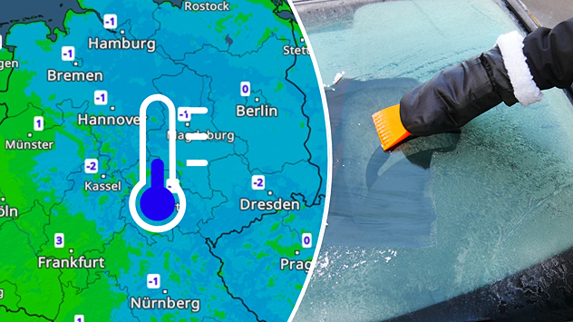 Links das TemperaturRadar für Deutschland mit Frost, rechts jemand beim Eiskratzen auf der Autoscheibe.