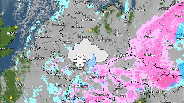 WetterRadar-Karte mit Schnee- und Regenfeldern über Deutschland, besonders im Süden und Osten, markiert durch ein Wolken-, Schnee- und Regensymbol.