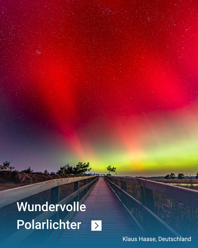 Holzsteg in der Nacht unter roten und grünen Polarlichtern. Sternenhimmel über einer offenen Landschaft.