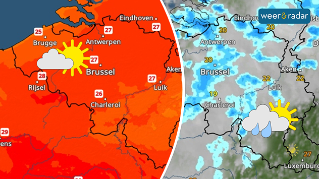 Een dubbele afbeelding. De TemperatuurRadar links voor zaterdag toont 25 tot 27 graden. Een zon met wolken is ingetekend. De WeerRadar (rechts) voor zondag toont wat zon, veel wolken en stevige buien. Dat symbool is ook ingetekend.
