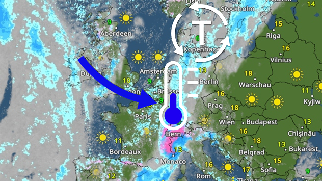 Carte météorologique de l'Europe avec zone de basse pression et front froid. Les flèches indiquent l'arrivée d'air froid en Europe centrale. Une zone de précipitations avec de la neige est indiquée au-dessus des Alpes.