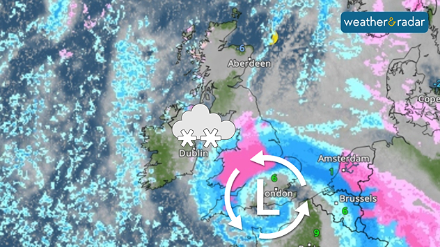 Night-time weather radar over the UK and western Europe showing blue and pink precipitation bands for rain and snow, a rotating low pressure system marked with an L over southern Britain.