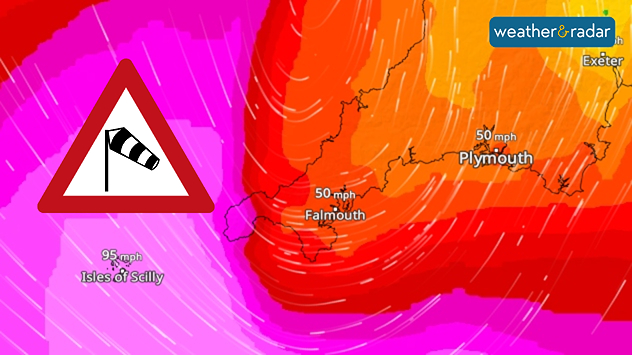 Wind forecast map showing extreme winds around southwest England and the Isles of Scilly, with red and pink shading, streamlines, a windsock warning icon, and gusts up to 95 mph near coastal areas.