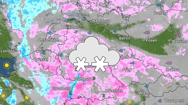 WetterRadar mit großflächigen Schneefallgebieten über Mitteleuropa. Schnee dominiert vor allem in Süd- und Ostdeutschland.