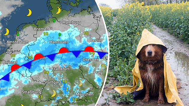WetterRadar: Zur Wochenmitte hin bildet sich über der Landesmitte eine Luftmassengrenze mit viel Regen, Schauern und Gewittern.