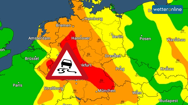 Die Warnkarte zeigt die Regionen in rot, in denen wegen Eisregen besonders tückisches Glatteis droht.