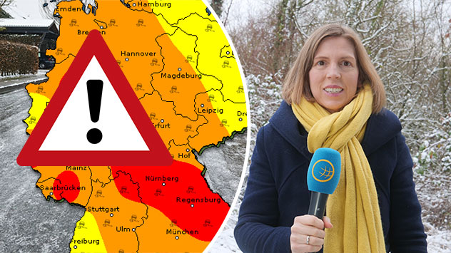 Wetterwarnung in Deutschland: Farbige Warnkarte mit roten Gefahrenzonen, vereiste Straße im Winter und Reporterin mit Mikrofon vor verschneiter Kulisse.