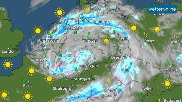 Der Kaltlufttropfen zeigt sich in Form einer Wolkenspirale über Deutschland. 