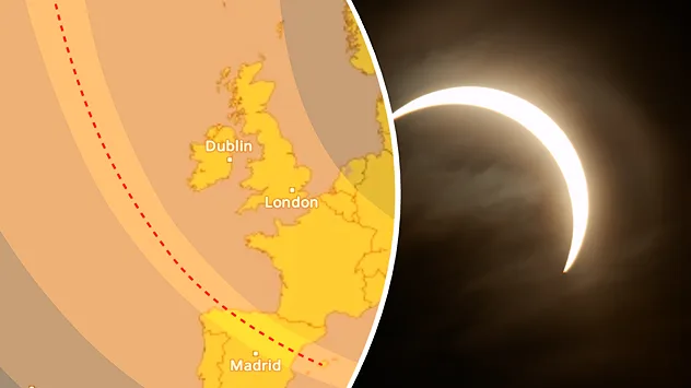 Karte von Europa mit dem Verlauf der Sonnenfinsternis. Rechts ist die Sonne als leuchtender Ring während der Finsternis dargestellt.